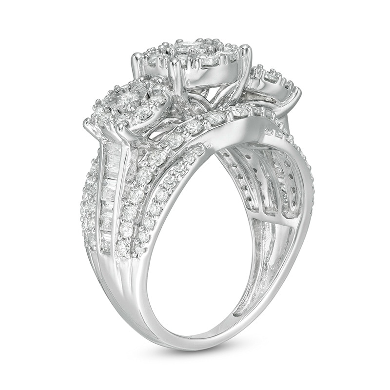Main Image 2 of Previously Owned - 2 CT. T.W. Diamond Frame Three Stone Split Shank Ring in 10K White Gold