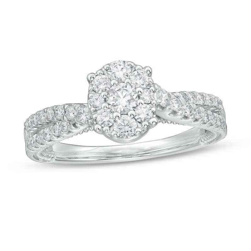 Main Image 1 of Previously Owned - 5/8 CT. T.W. Composite Oval Diamond Crossover Shank Engagement Ring in 14K White Gold