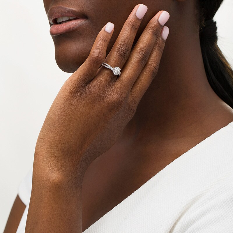 Main Image 2 of Previously Owned - 5/8 CT. T.W. Composite Oval Diamond Crossover Shank Engagement Ring in 14K White Gold