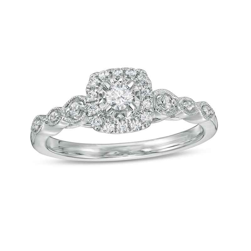 Main Image 1 of Previously Owned - 1/4 CT. T.W. Diamond Cushion-Shaped Frame Scallop Edge Engagement Ring in 10K White Gold