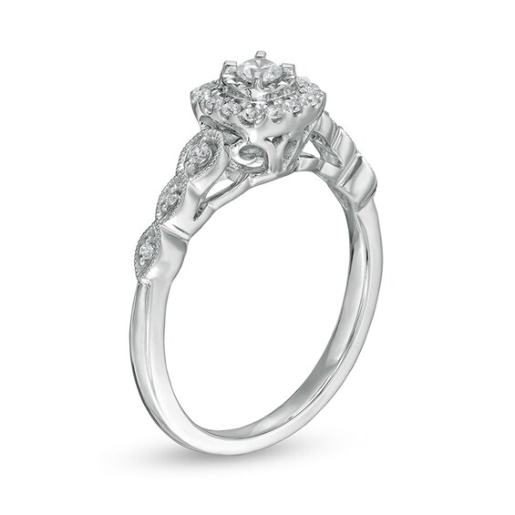 Previously Owned - 1/4 CT. T.w. Diamond Cushion-Shaped Frame Scallop Edge Engagement Ring in 10K White Gold