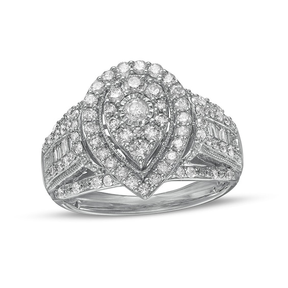 Previously Owned - 1 CT. T.w. Composite Pear-Shaped Diamond Frame Vintage-Style Engagement Ring in 10K White Gold