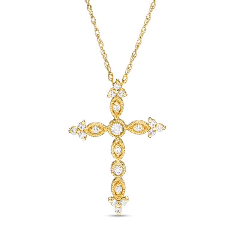 Main Image 1 of Previously Owned - 1/8 CT. T.W. Diamond Cross Vintage-Style Pendant in 10K Gold