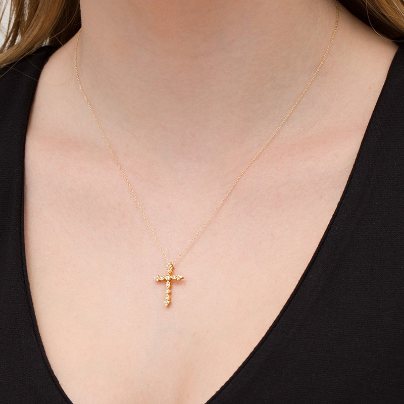 Main Image 2 of Previously Owned - 1/8 CT. T.W. Diamond Cross Vintage-Style Pendant in 10K Gold