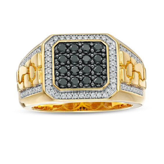 Previously Owned - 1 CT. T.w. Square Black and White Multi-Diamond Octagonal Frame Nugget Ring in 10K Gold