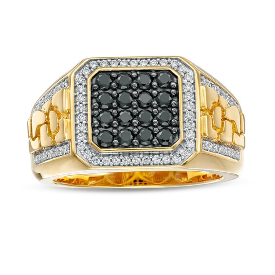 Previously Owned - Men's 1 CT. T.w. Square Black and White Multi-Diamond Octagonal Frame Nugget Ring in 10K Gold