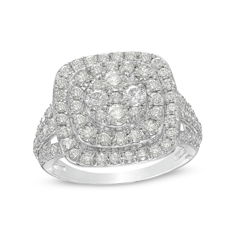 Main Image 1 of Previously Owned - 2 CT. T.W. Cushion-Shaped Multi-Diamond Double Frame Split Shank Ring in 10K White Gold