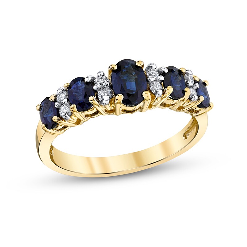 Main Image 1 of Previously Owned - Oval Blue Sapphire and 1/8 CT. T.W. Diamond Duo Alternating Five Stone Ring in 14K Gold