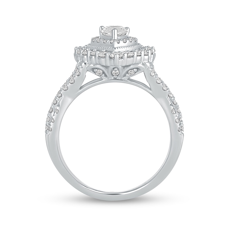 Main Image 3 of Previously Owned - 1-1/2 CT. T.W. Pear-Shaped Diamond Frame Vintage-Style Multi-Row Engagement Ring in 14K White Gold
