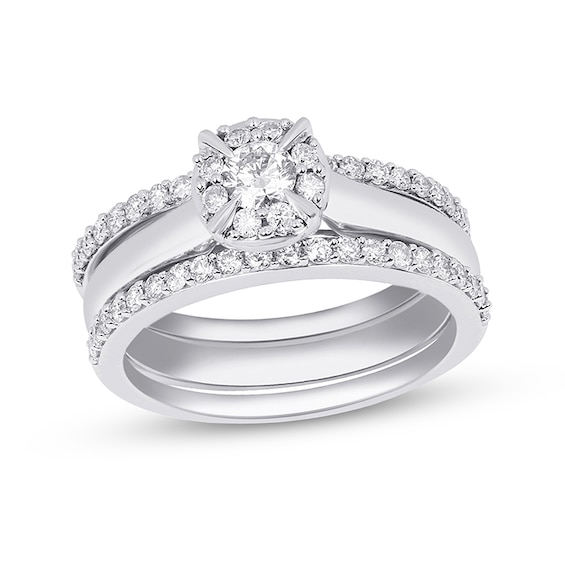 Previously Owned - 1 CT. T.w. Diamond Frame Three Piece Bridal Set in 10K White Gold