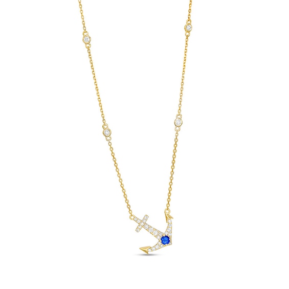 Previously Owned - Blue Sapphire and 1/4 CT. T.w. Diamond Offset Anchor Necklace in 10K Gold