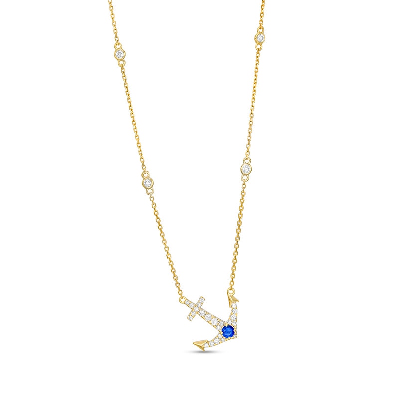 Main Image 1 of Previously Owned - Blue Sapphire and 1/4 CT. T.W. Diamond Offset Anchor Necklace in 10K Gold
