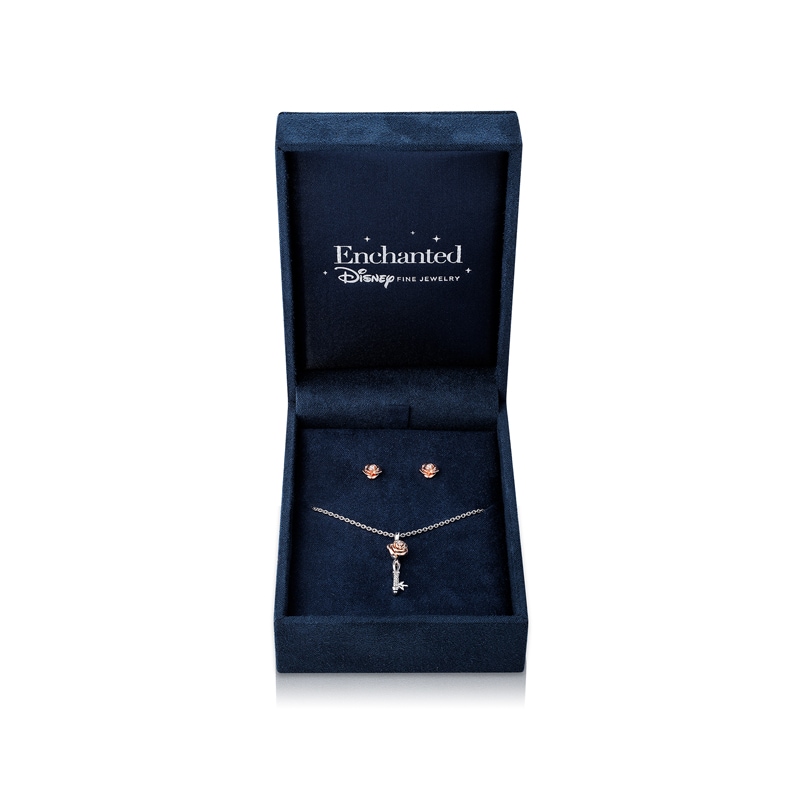 Main Image 1 of Previously Owned - Enchanted Disney Belle Diamond Pendant and Stud Earrings Set in Sterling Silver and 10K Rose Gold