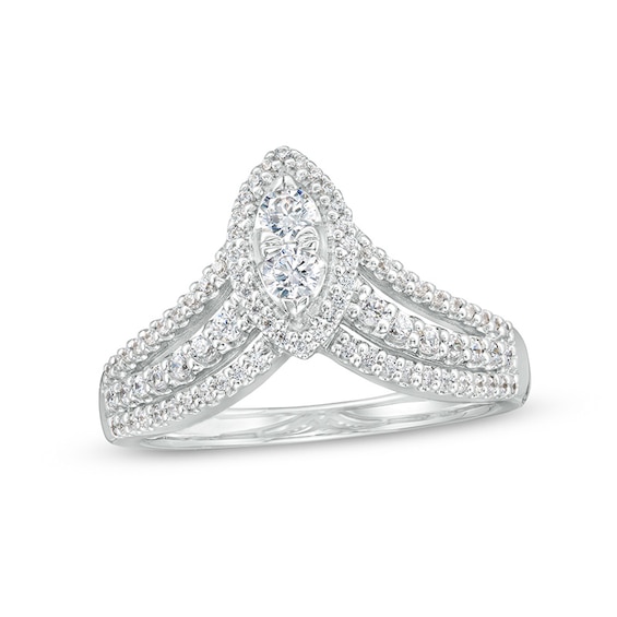 Previously Owned - 1/2 CT. T.w. Multi-Diamond Marquise Triple Row Split Shank Ring in 10K White Gold