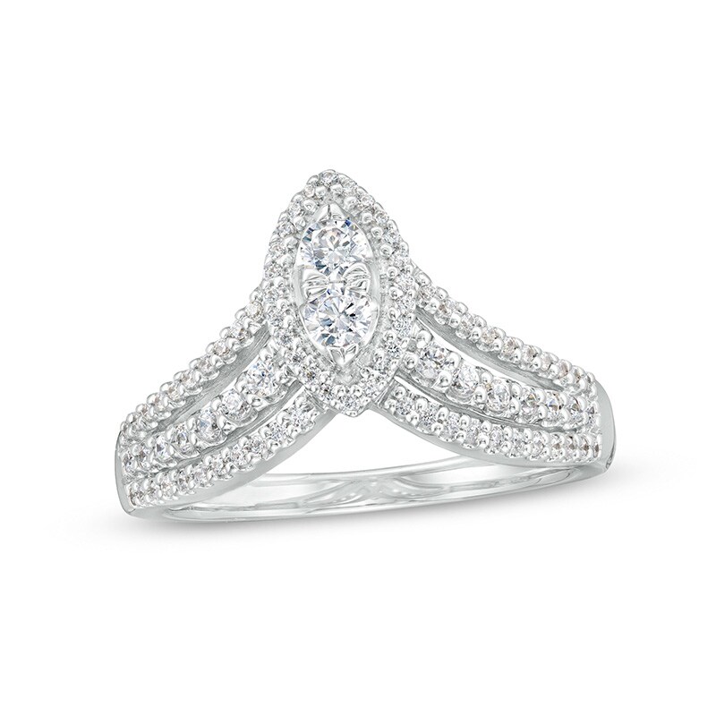 Main Image 1 of Previously Owned - 1/2 CT. T.W. Multi-Diamond Marquise Triple Row Split Shank Ring in 10K White Gold