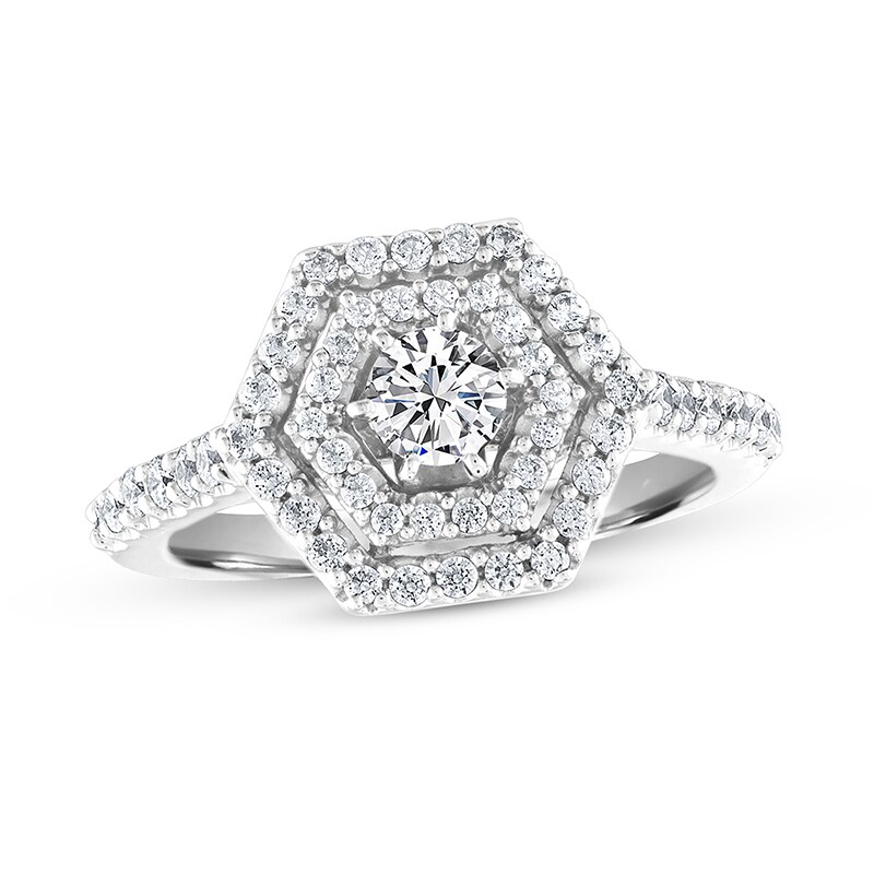 Main Image 1 of Previously Owned - 7/8 CT. T.W. Diamond Double Hexagon Frame Engagement Ring in 14K White Gold
