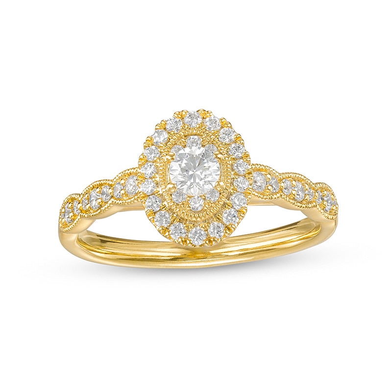 Main Image 1 of Previously Owned - 1/2 CT. T.W. Oval-Shaped Multi-Diamond Frame Scallop Shank Vintage-Style Engagement Ring in 10K Gold