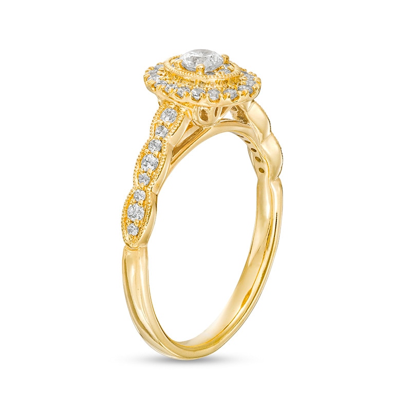 Main Image 3 of Previously Owned - 1/2 CT. T.W. Oval-Shaped Multi-Diamond Frame Scallop Shank Vintage-Style Engagement Ring in 10K Gold