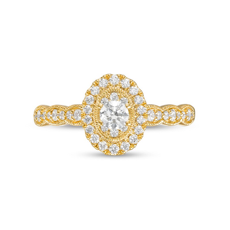 Main Image 4 of Previously Owned - 1/2 CT. T.W. Oval-Shaped Multi-Diamond Frame Scallop Shank Vintage-Style Engagement Ring in 10K Gold