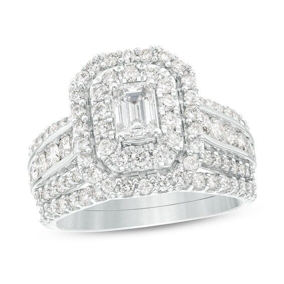 Previously Owned - 2 CT. T.w. Emerald-Cut Diamond Double Frame Multi-Row Bridal Set in 14K White Gold (I/I2)