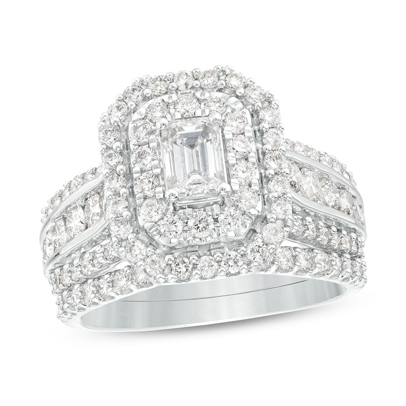 Main Image 1 of Previously Owned - 2 CT. T.W. Emerald-Cut Diamond Double Frame Multi-Row Bridal Set in 14K White Gold (I/I2)