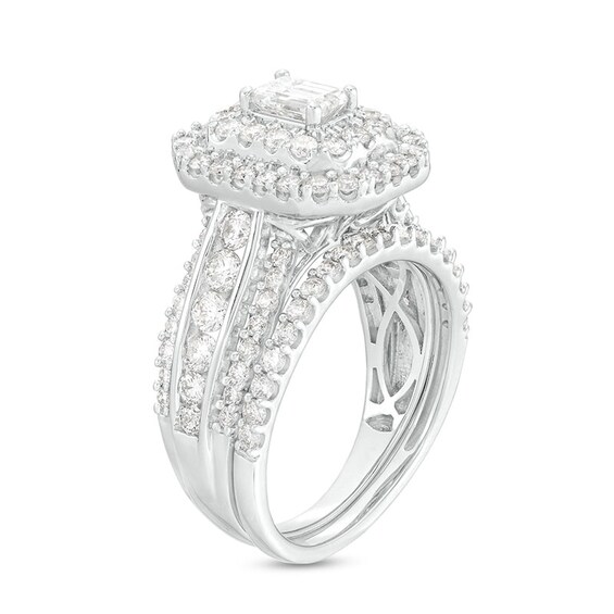 Previously Owned - 2 CT. T.w. Emerald-Cut Diamond Double Frame Multi-Row Bridal Set in 14K White Gold (I/I2)