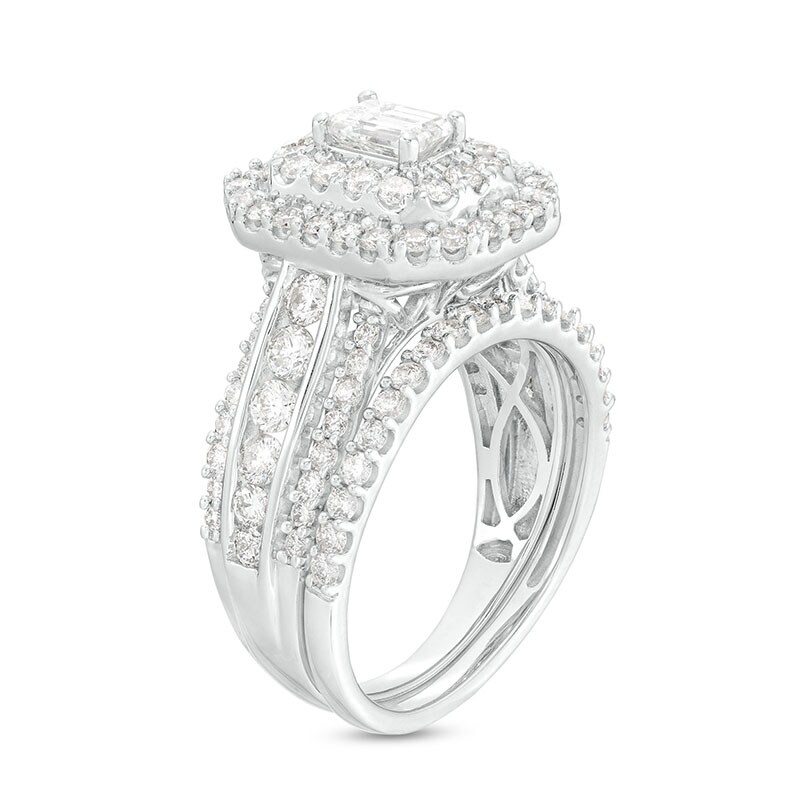 Main Image 3 of Previously Owned - 2 CT. T.W. Emerald-Cut Diamond Double Frame Multi-Row Bridal Set in 14K White Gold (I/I2)