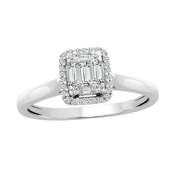 Previously Owned - 1/3 CT. T.w. Emerald-Shaped Multi-Diamond Frame Engagement Ring in 10K White Gold
