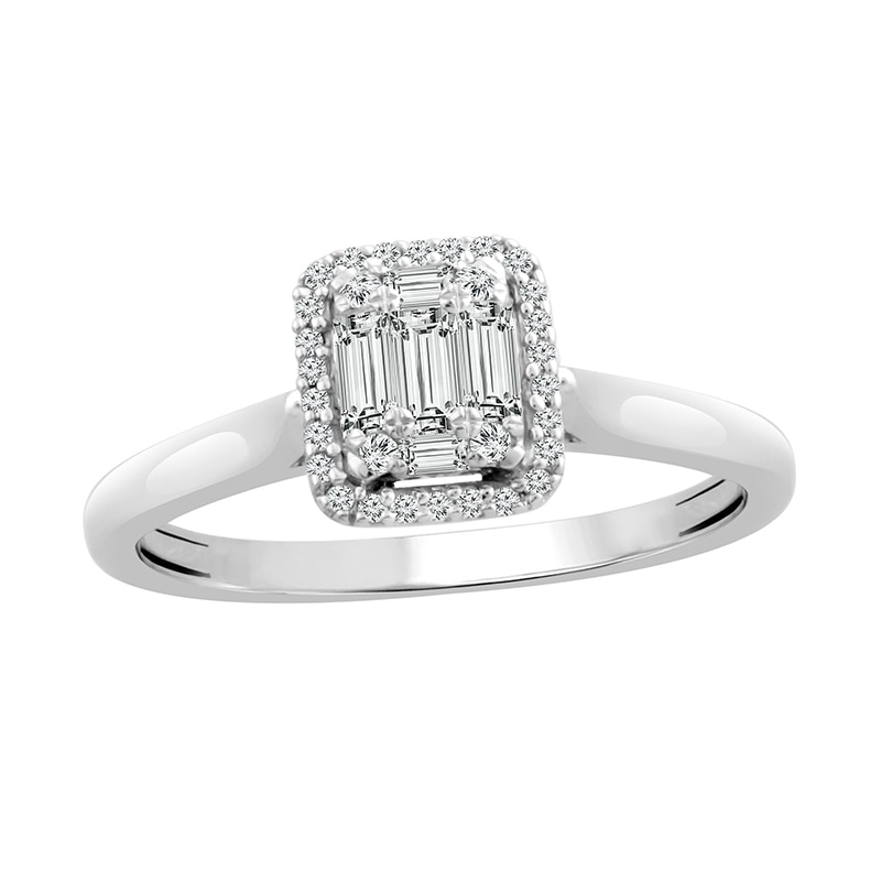 Main Image 1 of Previously Owned - 1/3 CT. T.W. Emerald-Shaped Multi-Diamond Frame Engagement Ring in 10K White Gold