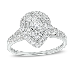 Previously Owned - 1/2 CT. T.W. Diamond Double Pear-Shaped Frame Split Shank Engagement Ring in 10K White Gold (J/I3)