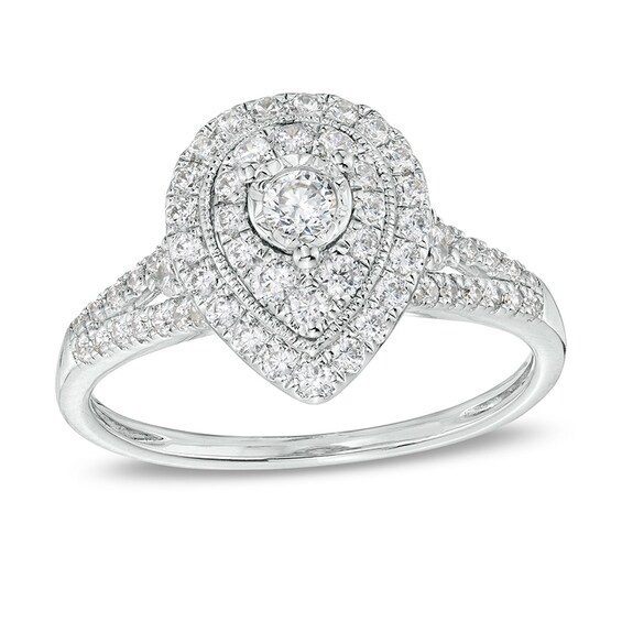 Previously Owned - 1/2 CT. T.w. Diamond Double Pear-Shaped Frame Split Shank Engagement Ring in 10K White Gold (J/I3)