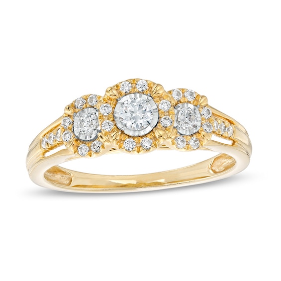 Previously Owned - 1/4 CT. T.w. Diamond Past Present Future® Frame Split Shank Engagement Ring in 10K Gold
