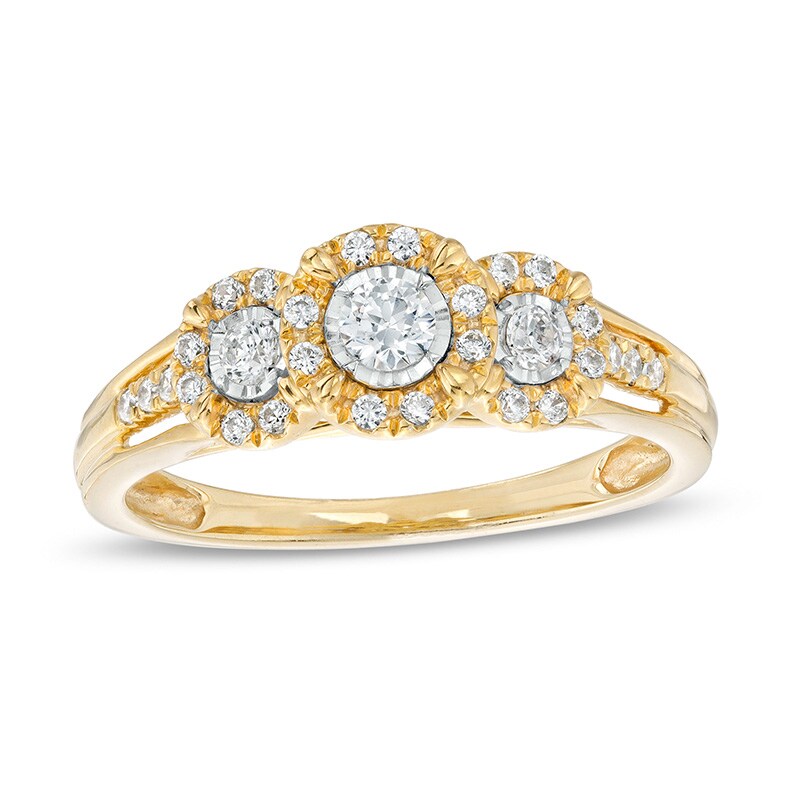 Main Image 1 of Previously Owned - 1/4 CT. T.W. Diamond Past Present Future® Frame Split Shank Engagement Ring in 10K Gold