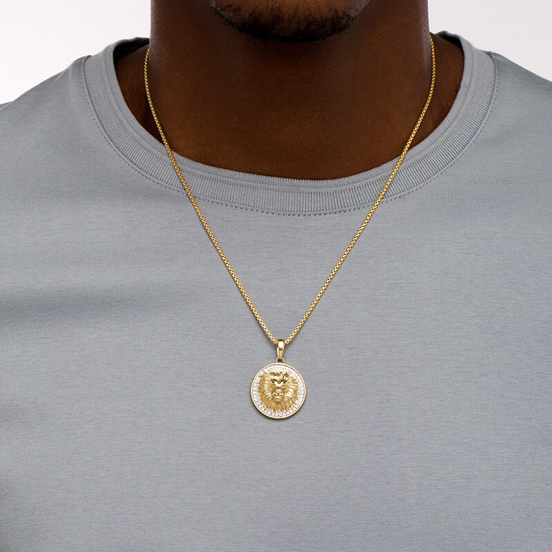 Main Image 2 of Previously Owned - Men's 1/4 CT. T.W. Diamond Frame Lion's Head Medallion Pendant in 10K Gold – 20"