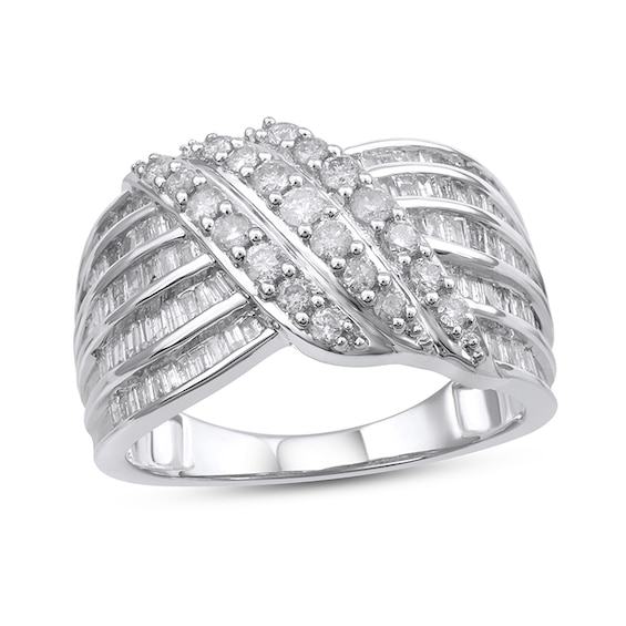 Previously Owned - 1 CT. T.w. Baguette and Round Diamond Multi-Row Crossover Ring in 10K White Gold