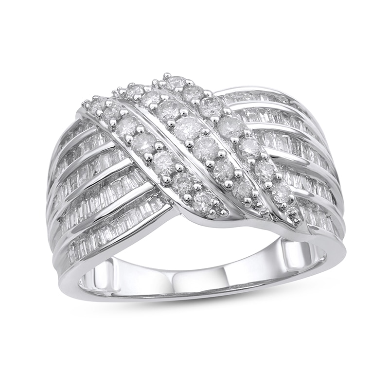 Main Image 1 of Previously Owned - 1 CT. T.W. Baguette and Round Diamond Multi-Row Crossover Ring in 10K White Gold