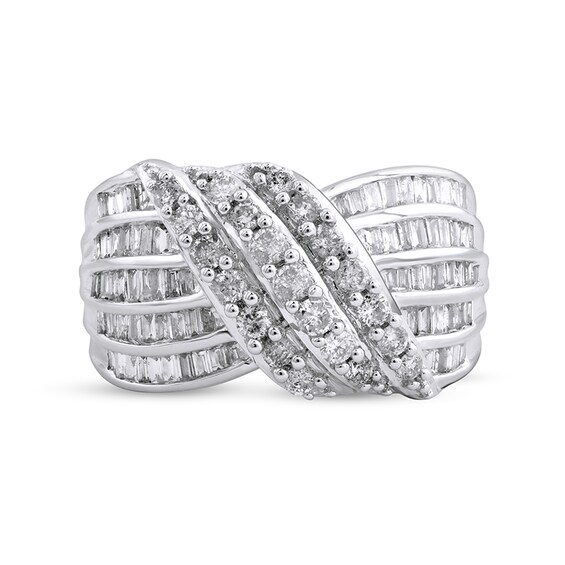 Previously Owned - 1 CT. T.w. Baguette and Round Diamond Multi-Row Crossover Ring in 10K White Gold