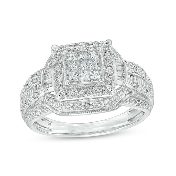 Previously Owned - 1/2 CT. T.w. Princess Multi-Diamond Frame Multi-Row Vintage-Style Engagement Ring in 10K White Gold