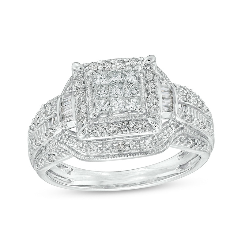 Main Image 1 of Previously Owned - 1/2 CT. T.W. Princess Multi-Diamond Frame Multi-Row Vintage-Style Engagement Ring in 10K White Gold