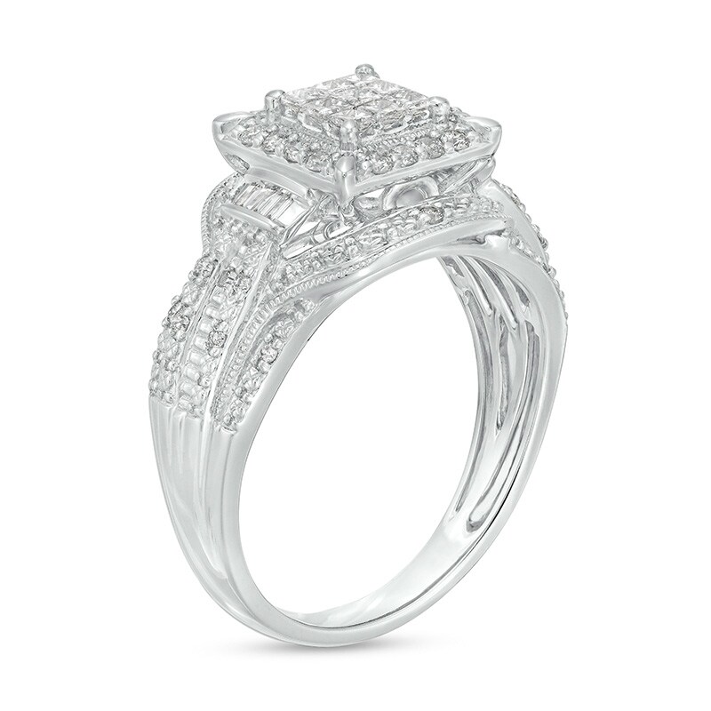 Main Image 3 of Previously Owned - 1/2 CT. T.W. Princess Multi-Diamond Frame Multi-Row Vintage-Style Engagement Ring in 10K White Gold