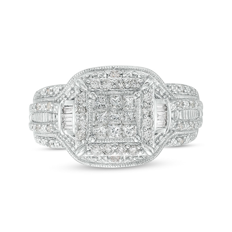 Main Image 4 of Previously Owned - 1/2 CT. T.W. Princess Multi-Diamond Frame Multi-Row Vintage-Style Engagement Ring in 10K White Gold