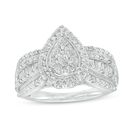 Previously Owned - 1/2 CT. T.w. Pear Multi-Diamond Frame Multi-Row Engagement Vintage-Style Ring in 10K White Gold