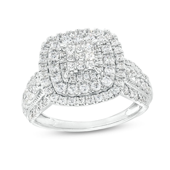 Previously Owned - 1 CT. T.w. Princess Multi-Diamond Cushion Frame Vintage-Style Engagement Ring in 10K White Gold