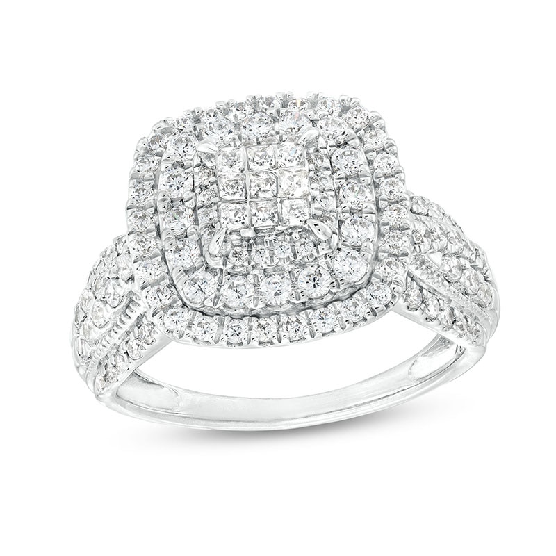 Main Image 1 of Previously Owned - 1 CT. T.W. Princess Multi-Diamond Cushion Frame Vintage-Style Engagement Ring in 10K White Gold