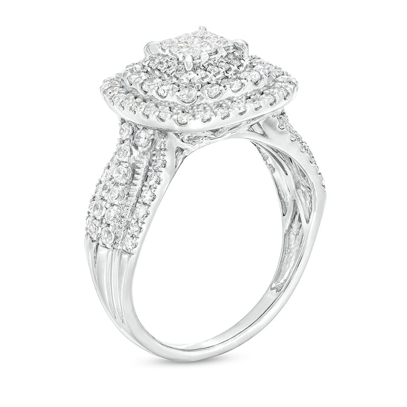 Main Image 3 of Previously Owned - 1 CT. T.W. Princess Multi-Diamond Cushion Frame Vintage-Style Engagement Ring in 10K White Gold