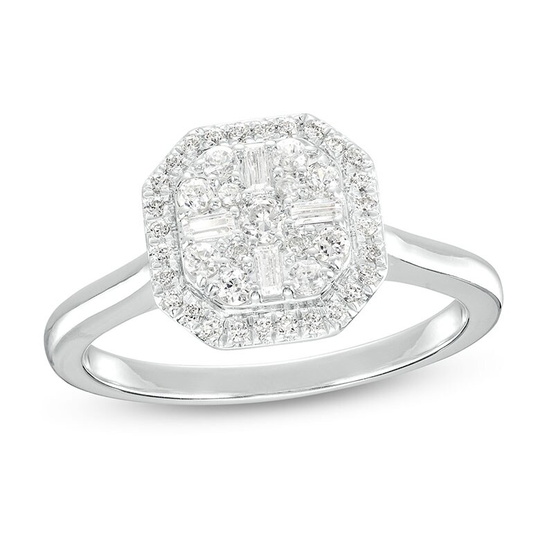 Main Image 1 of Previously Owned - 3/8 CT. T.W. Multi-Diamond Octagonal Frame Ring in 10K White Gold