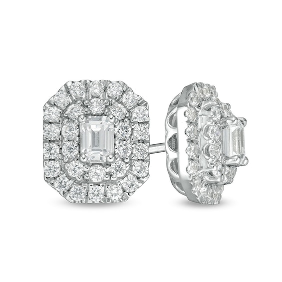 Previously Owned - 1 CT. T.w. Emerald-Cut Lab-Grown Diamond Octagonal Double Frame Stud Earrings in 14K White Gold