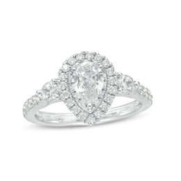 Previously Owned - 1-1/6 CT. T.W. Pear-Shaped Diamond Frame Past Present Future® Engagement Ring in 14K White Gold (I/I2)