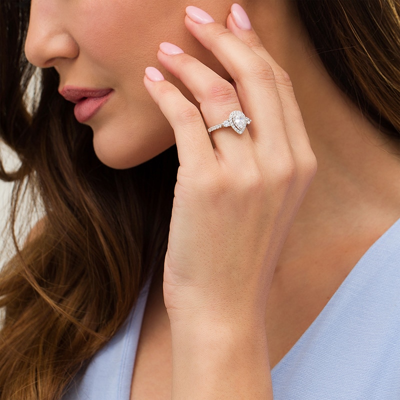 Main Image 2 of Previously Owned - 1-1/6 CT. T.W. Pear-Shaped Diamond Frame Past Present Future® Engagement Ring in 14K White Gold (I/I2)