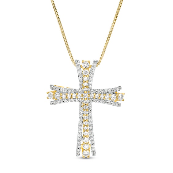 Previously Owned - 1 CT. T.w. Diamond Multi-Row Flared Cross Pendant in 10K Gold
